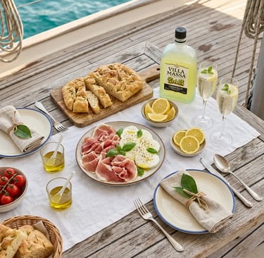 Limoncello brunch setup on yacht deck with prosecco focaccia prosciutto mozzarella and lemons