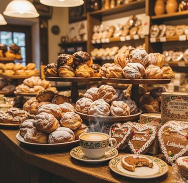 Close-up shot inside a bakery or cafe featuring a platter of freshly baked, sugared pastries (likely