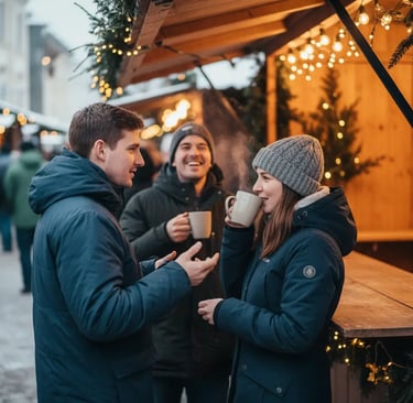 A group of friends in winter coats laughing and drinking warm beverages in front of a cozy Christmas