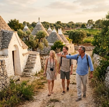 Puglian guide pointing toward trulli while walking with two travelers at dusk