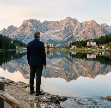 Man in suit standing at Lake Misurina reflecting Dolomite peaks at dusk