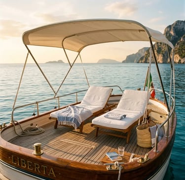 Shaded white loungers on handcrafted Italian wooden boat deck at golden hour Adriatic