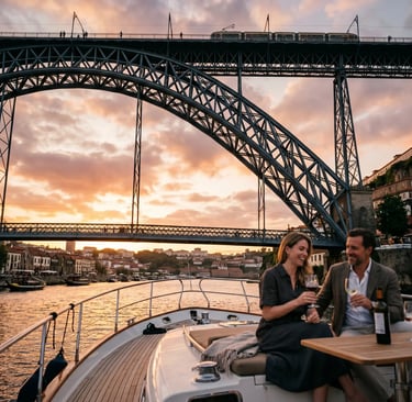 Couple toasting wine on private yacht beneath Dom Luis I Bridge during Porto sunset cruise