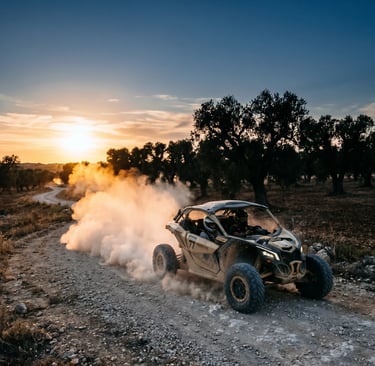 Buggy racing on gravel track with large dust cloud, silhouette of olive trees at sunset, Puglia