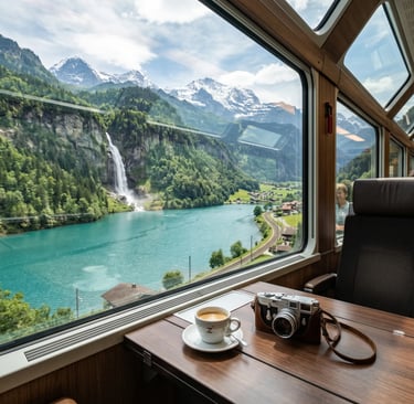 Panoramic train window showing turquoise alpine lake, waterfall, snowy peaks, coffee and vintage camera