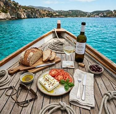 Fresh Mediterranean lunch served on a wooden boat deck anchored in a turquoise Sardinian cove