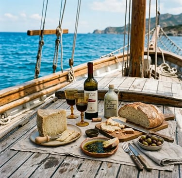 Traditional Sardinian lunch on sailing boat deck with pecorino cheese and Carignano wine