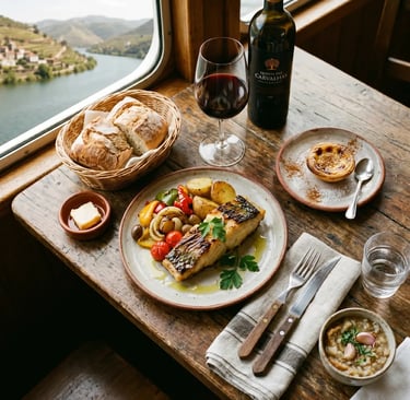 Grilled cod, vegetables, bread and red wine served onboard a Douro cruise with vineyard views.