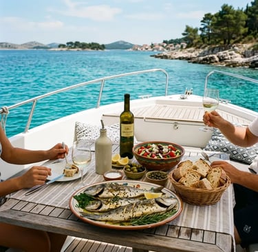 Fresh fish and wine lunch served on private boat deck with Adriatic Sea view