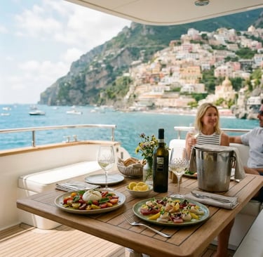 Fresh Mediterranean lunch served on a yacht deck with Positano village in background