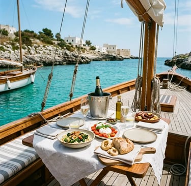 Regional Apulian lunch with sparkling wine served on wooden boat deck near Monopoli