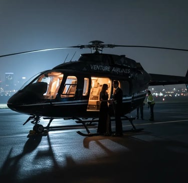 Couple standing next to a luxury helicopter before boarding a romantic night flight over Orlando's t