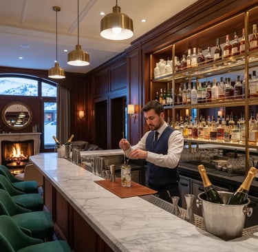 A professional bartender crafting a cocktail in an elegant, wood-paneled mountain bar with marble co