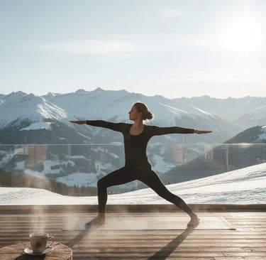 A woman practicing a yoga warrior pose on a wooden deck with a breathtaking panoramic view of snowy 