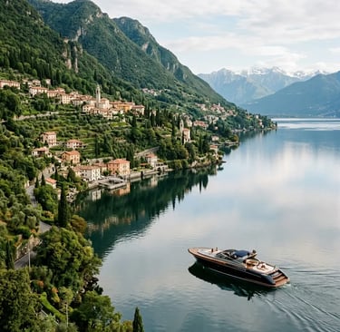 Private luxury boat cruising the eastern shoreline of Lake Como near Nesso