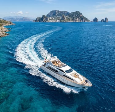Aerial view of private yacht cutting through blue Tyrrhenian Sea toward Capri and Faraglioni