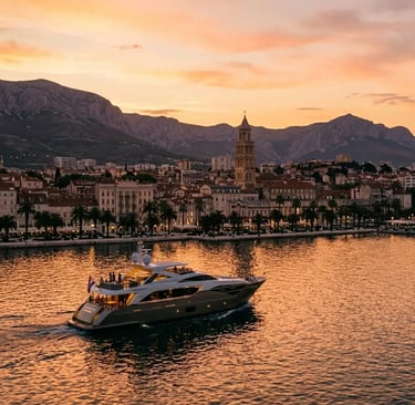 Luxury yacht returning to Split waterfront at golden hour past Diocletian's Palace tower
