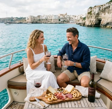 Friselle with tomatoes, aged cheese and red wine on wooden board aboard moving boat in Puglia