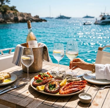 Luxury seafood lunch and wine on a yacht deck over the turquoise Adriatic Sea