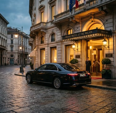 Black Mercedes S-Class parked outside luxury Milan hotel at dawn for private transfer