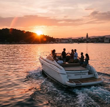 Group of friends enjoying a private sunset speedboat cruise on the Adriatic Sea near Split, Croatia