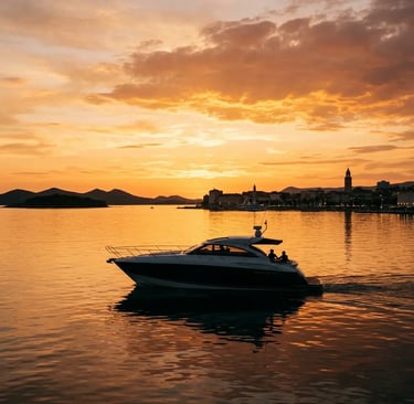 Luxury speedboat returning to Split at sunset, Adriatic sea luxury travel 
