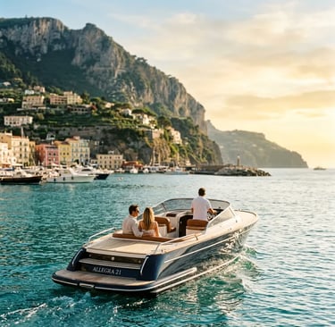 Allegra21 luxury tender cruising past the Capri coast on a small-group tour from Sorrento