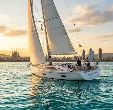 Luxury Italian sailing yacht cruising Barcelona coast at golden hour with Sagrada Familia skyline