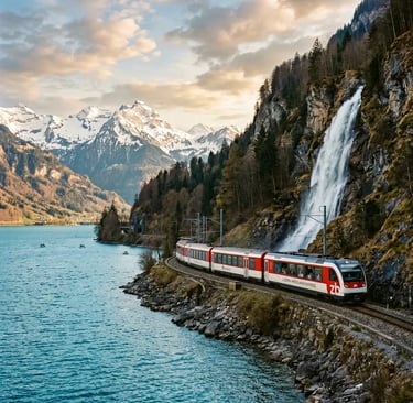 Luzern–Interlaken Express beside alpine lake with waterfall and snowy peaks in background