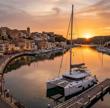 Luxury catamaran moored in Mahón harbor at sunset with historic waterfront