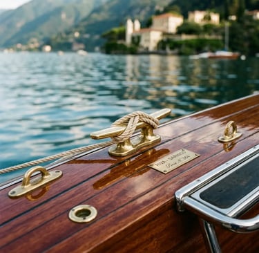 Riva Sarnico brass cleat and mahogany deck detail on historic wooden boat Lake Como