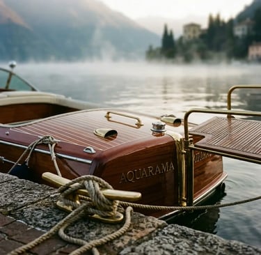 Vintage Aquarama wooden boat with brass fittings moored on misty Lake Como at dawn