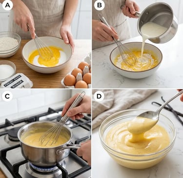 Four-step process of making crema pasticciera: whisking yolks, adding milk, cooking, finished cream