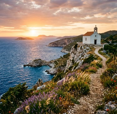 White chapel on Vis Island cliffs at sunset, Mamma Mia filming location in Croatia