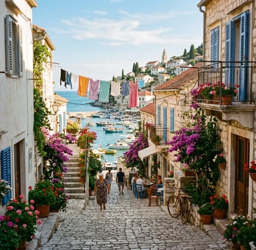 Cobblestone street with bougainvillea and harbor view on Vis Island, Croatia