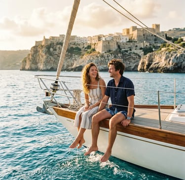 Couple sitting on sailboat bow, feet in water, Castro cliffs in background, Salento