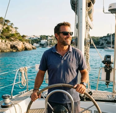 Skipper Carlos at the helm of a private sailing yacht in Cala Galdana Menorca