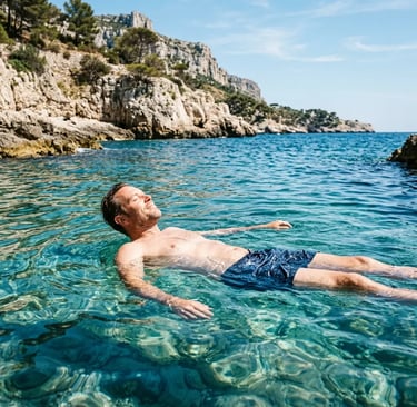 Man floating relaxed in crystal-clear Mediterranean water near limestone cliffs, San Pietro Island