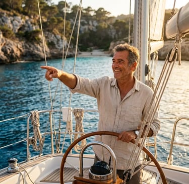 Skipper Carlos pointing toward hidden cove during private boat trip in Menorca