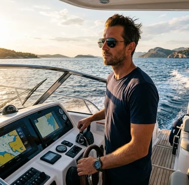 Captain Josip at the helm of the Alesta Marine Raptor 37 on the Adriatic Sea