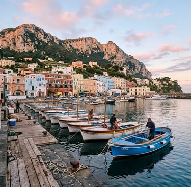 Marina Grande harbour Capri at dawn with traditional gozzo boats and local skippers preparing