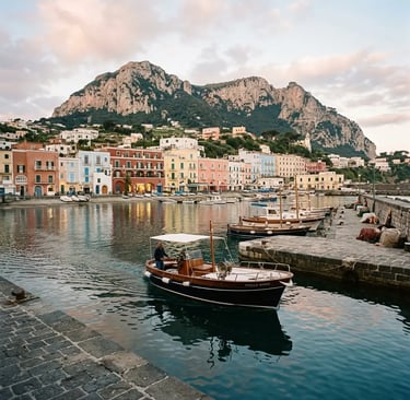 Wooden gozzo boat leaving Marina Grande harbour on Capri with pastel buildings and Monte Solaro behind.