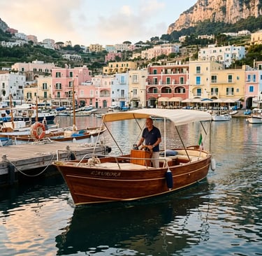 Wooden gozzo L'Aurora docked at Marina Grande Capri with skipper at golden hour, pastel harbor behind.