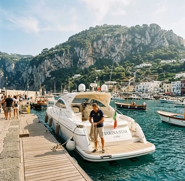 Skipper coiling rope on modern yacht at Marina Piccola dock before Capri cruise departure