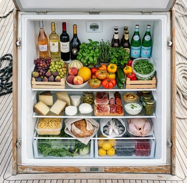 Fully stocked 240-liter marine refrigerator with fresh Mediterranean provisions
