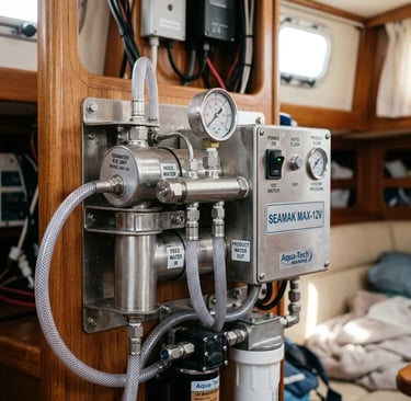 12V Seamak marine water desalination unit installed inside catamaran cabin