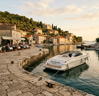 Luxury speedboat docked at Maslinica village stone pier on Šolta island, Croatia