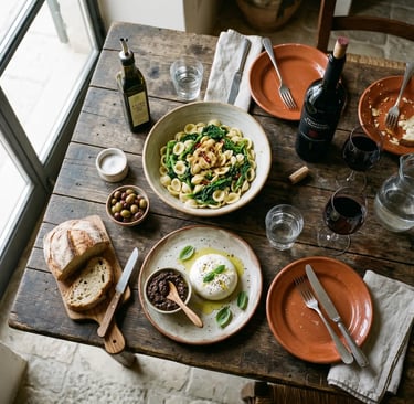 Traditional Puglian lunch with orecchiette, burrata, Primitivo wine and olive oil at rustic masseria