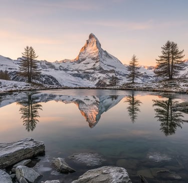 Stunning sunset view of the Matterhorn mountain reflected in Stellisee lake, Zermatt, Swiss Alps.