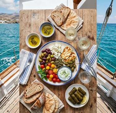 Classic wooden sailing yacht anchored at Kleftiko white cliffs with wine glasses on deck at sunset, Milos